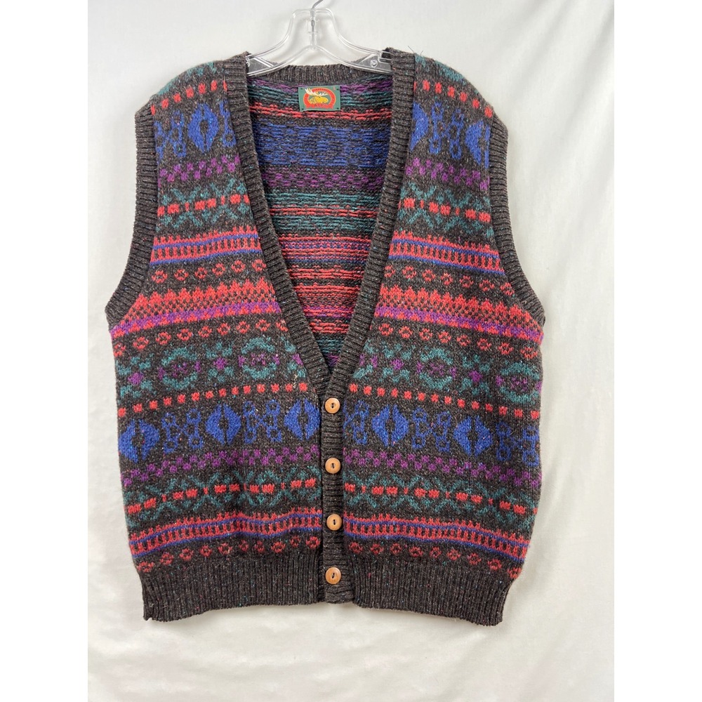Alps Sweater Vest Mens Large Grey Fair Isle Wool Blend Button Front V-Neck USA